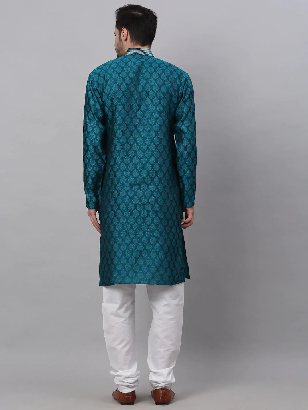 Jompers Men's Silk Blend Collar Embroidered Kurta Pyjama Set - Peacock | Grocsy