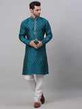 Jompers Men's Silk Blend Collar Embroidered Kurta Pyjama Set - Peacock | Grocsy