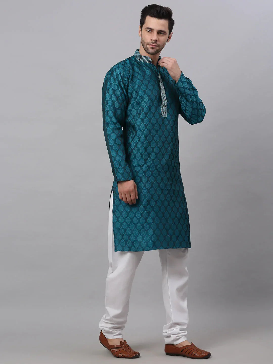 Jompers Men's Silk Blend Collar Embroidered Kurta Pyjama Set - Peacock | Grocsy