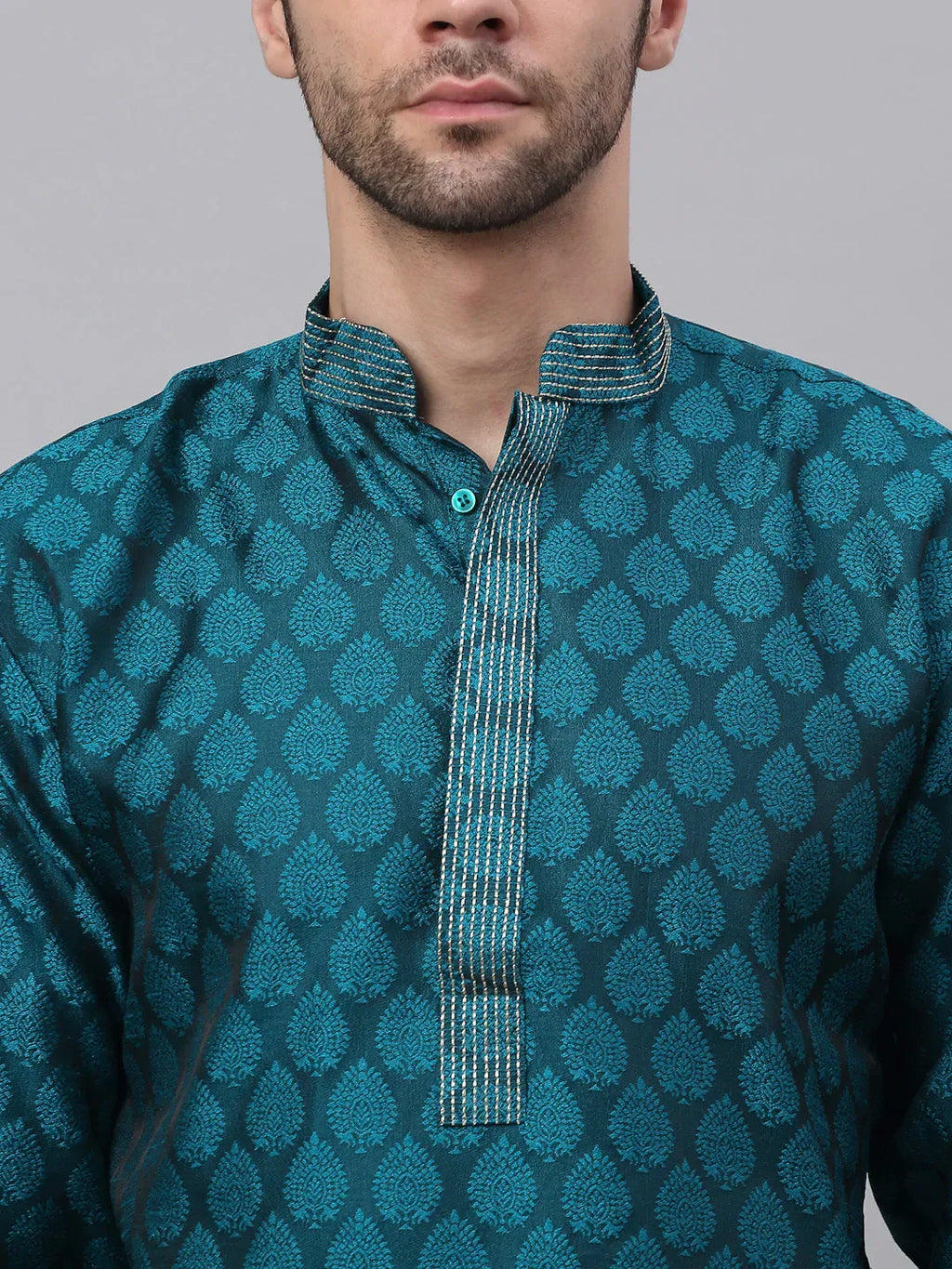 Jompers Men's Silk Blend Collar Embroidered Kurta Pyjama Set - Peacock | Grocsy
