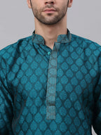 Jompers Men's Silk Blend Collar Embroidered Kurta Pyjama Set - Peacock | Grocsy