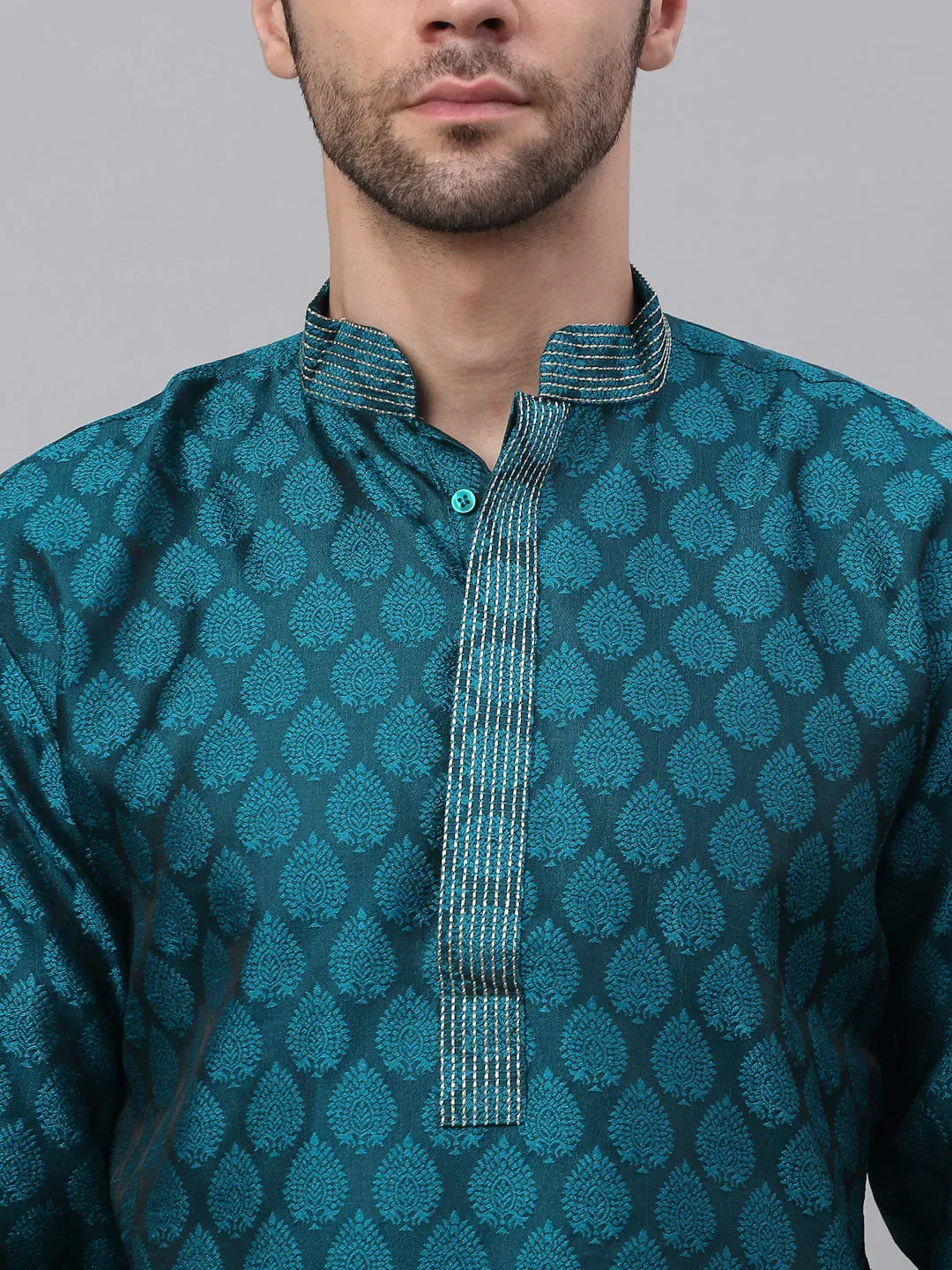 Jompers Men's Silk Blend Collar Embroidered Kurta Pyjama Set - Peacock | Grocsy