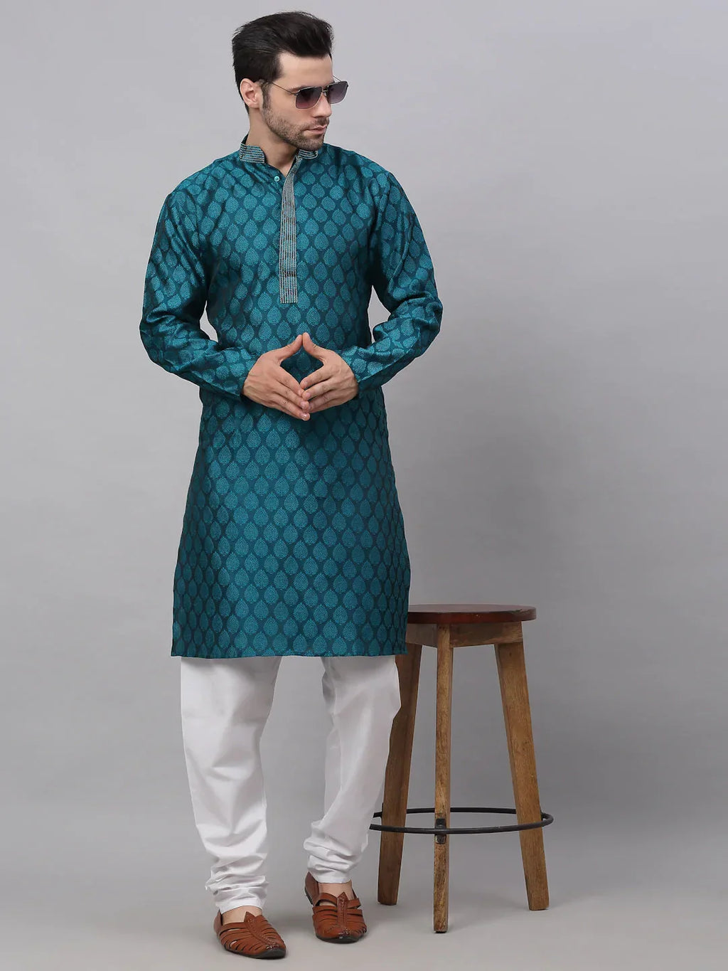 Jompers Men's Silk Blend Collar Embroidered Kurta Pyjama Set - Peacock | Grocsy