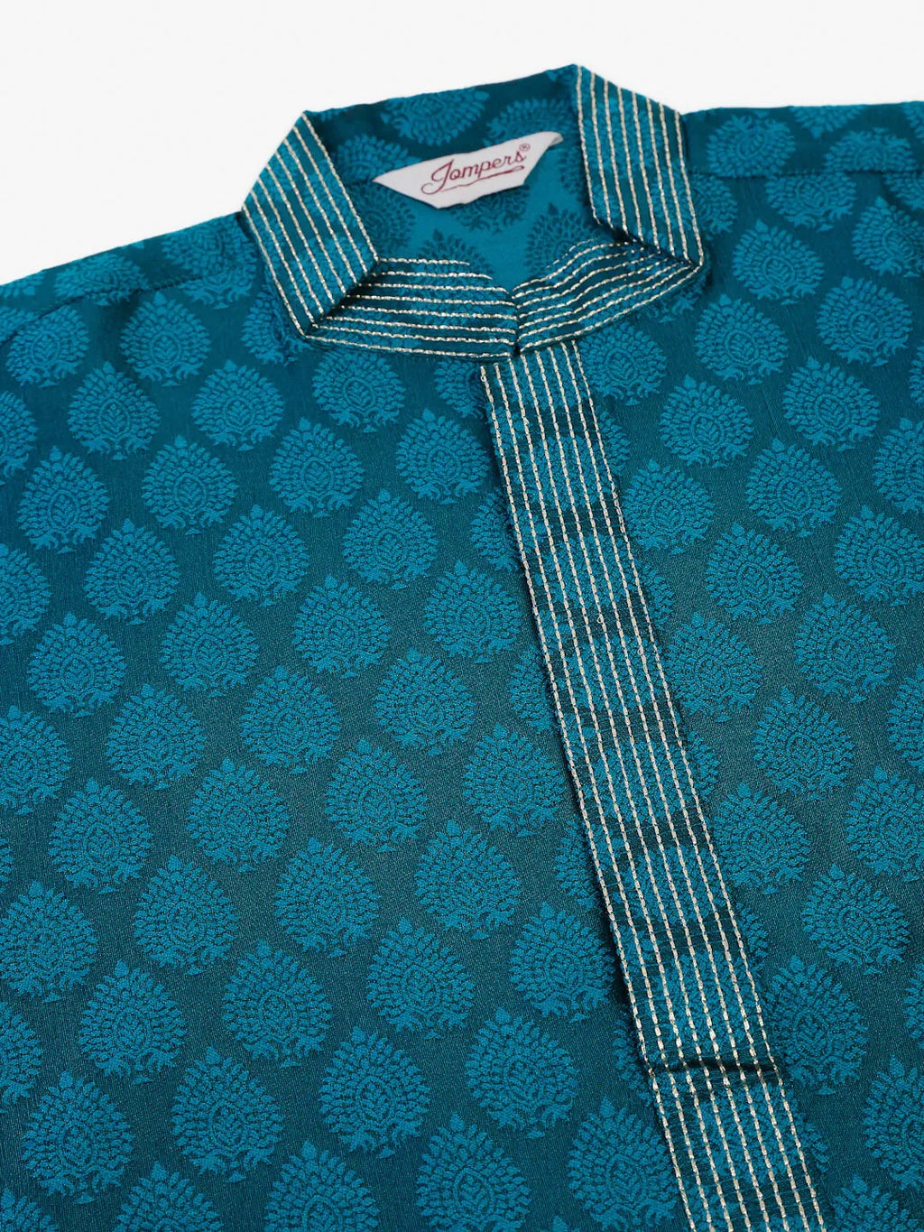 Jompers Men's Silk Blend Collar Embroidered Kurta Pyjama Set - Peacock | Grocsy