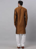 Jompers Men's Silk Blend Collar Embroidered Kurta Pyjama Set - Brown | Grocsy
