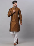 Jompers Men's Silk Blend Collar Embroidered Kurta Pyjama Set - Brown | Grocsy