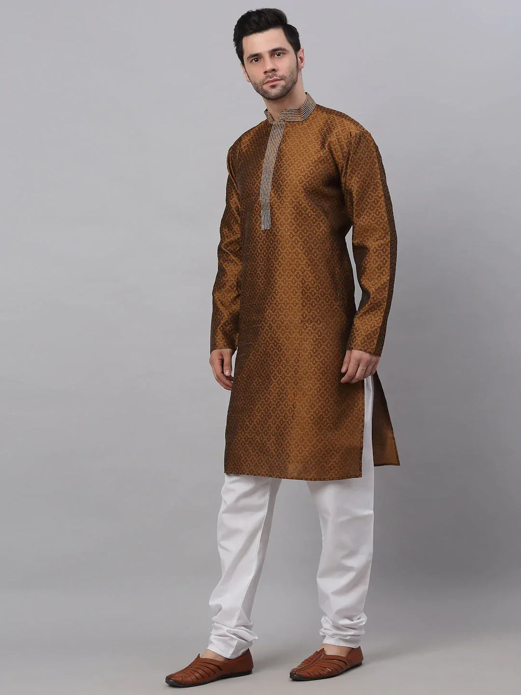 Jompers Men's Silk Blend Collar Embroidered Kurta Pyjama Set - Brown | Grocsy