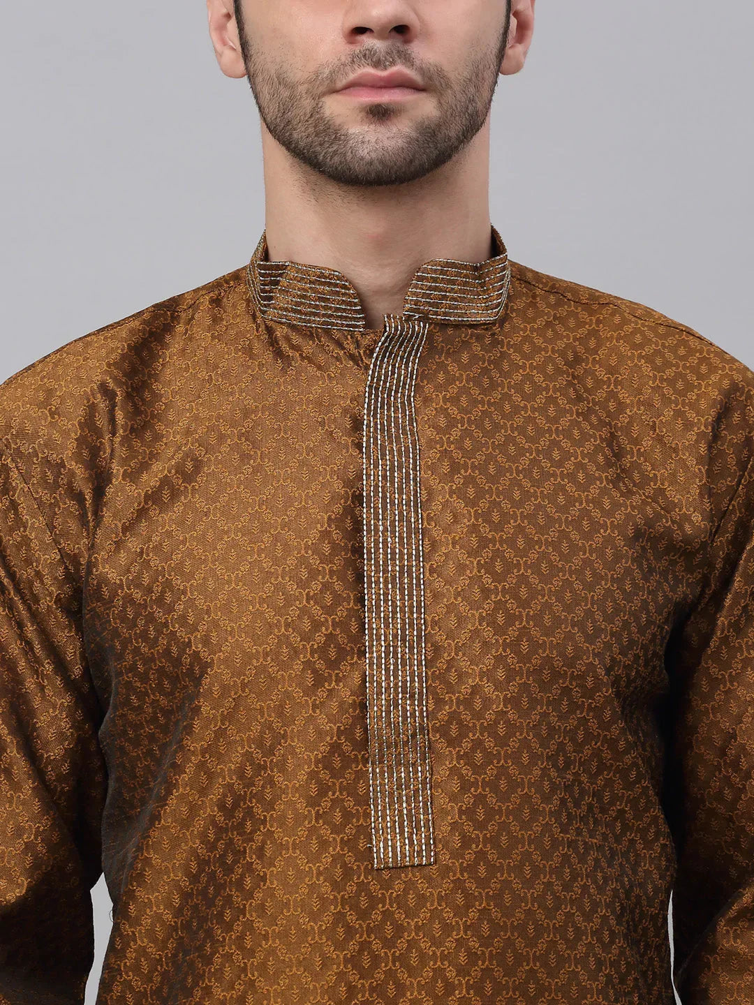 Jompers Men's Silk Blend Collar Embroidered Kurta Pyjama Set - Brown | Grocsy