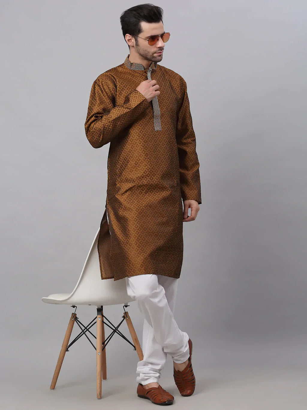 Jompers Men's Silk Blend Collar Embroidered Kurta Pyjama Set - Brown | Grocsy