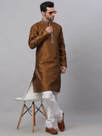 Jompers Men's Silk Blend Collar Embroidered Kurta Pyjama Set - Brown | Grocsy