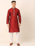 Jompers Men's Silk Blend Collar Embroidered Kurta Pyjama Set - Maroon | Grocsy