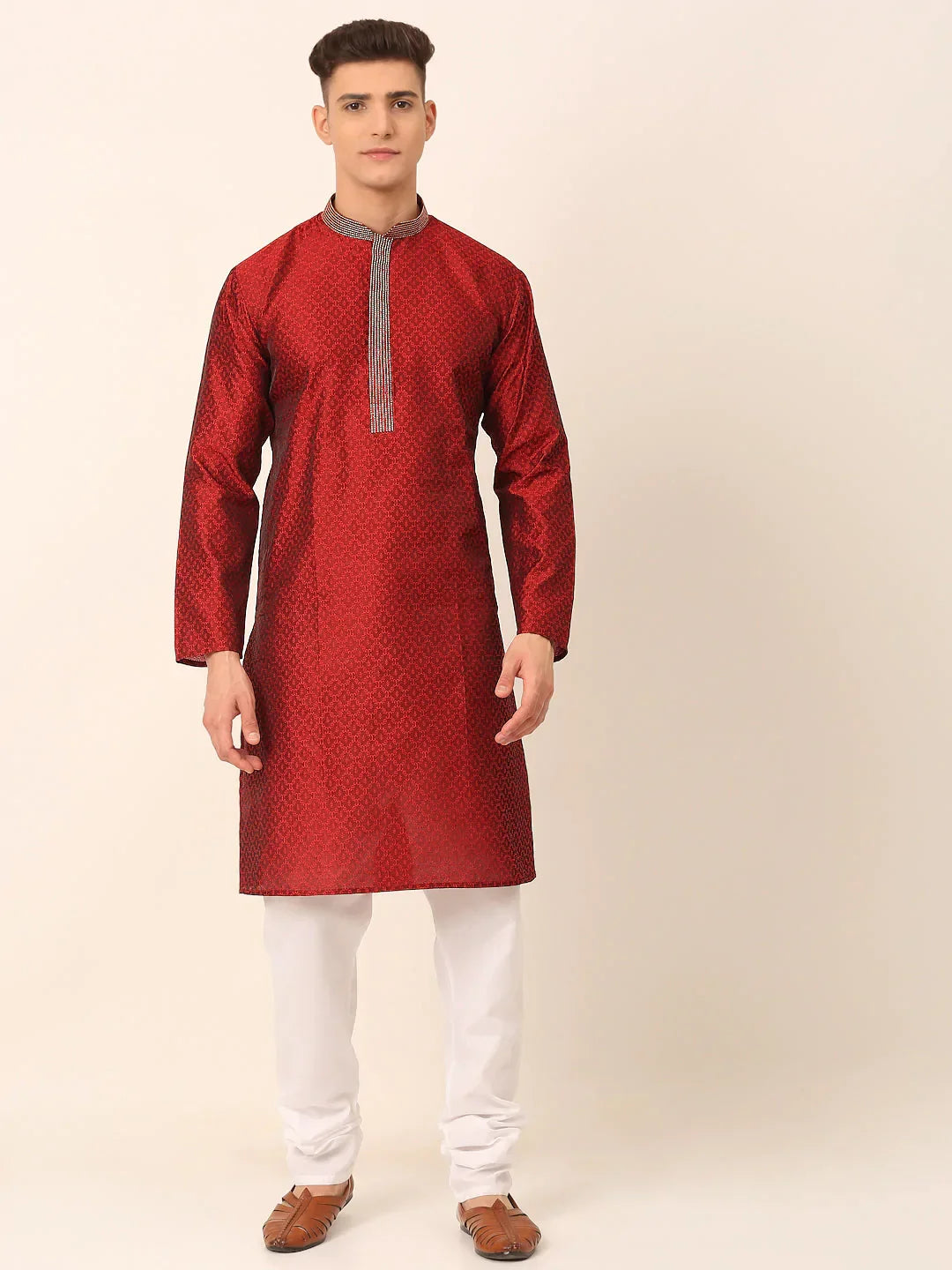 Jompers Men's Silk Blend Collar Embroidered Kurta Pyjama Set - Maroon | Grocsy