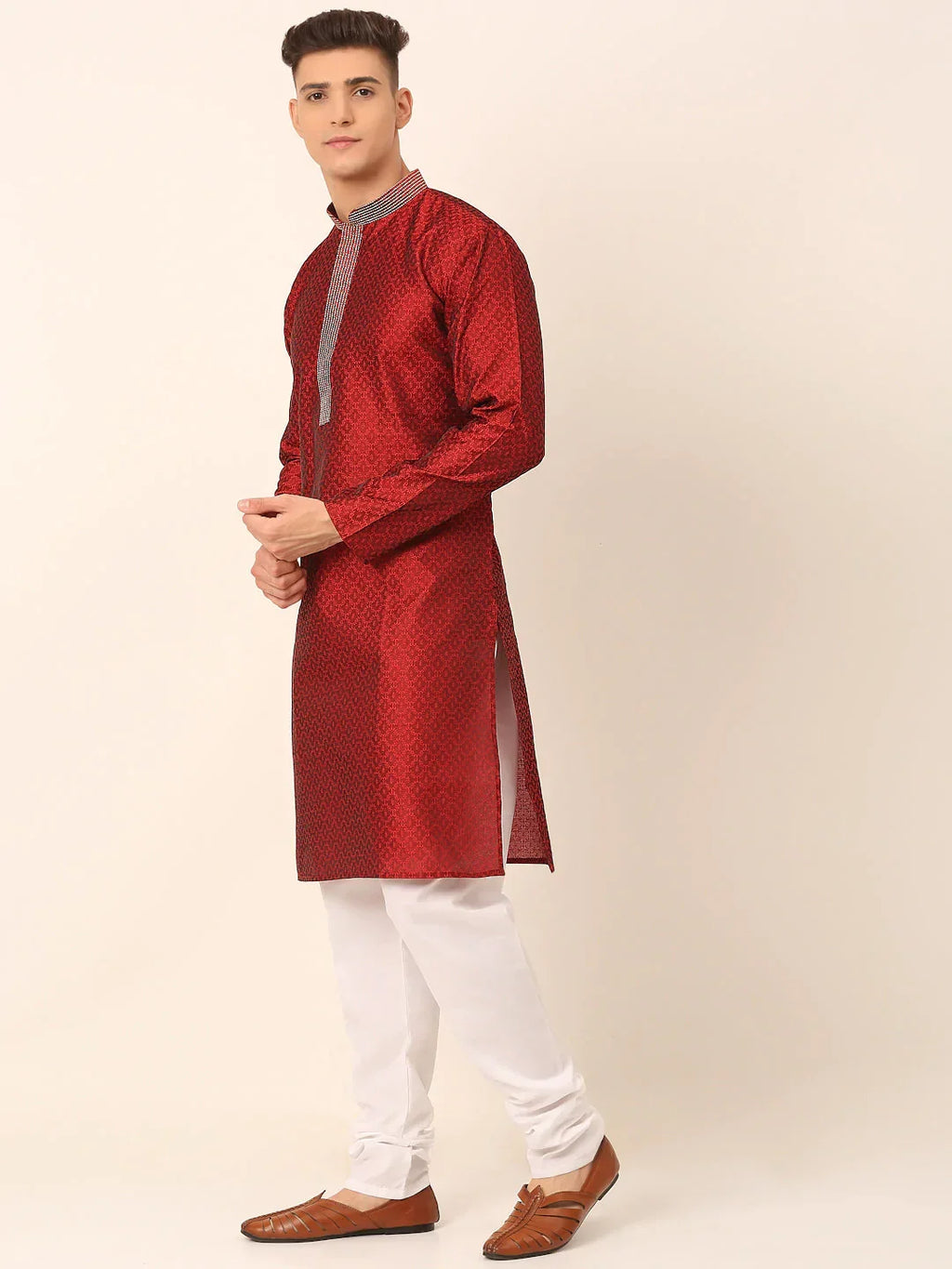 Jompers Men's Silk Blend Collar Embroidered Kurta Pyjama Set - Maroon | Grocsy