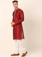 Jompers Men's Silk Blend Collar Embroidered Kurta Pyjama Set - Maroon | Grocsy