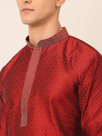 Jompers Men's Silk Blend Collar Embroidered Kurta Pyjama Set - Maroon | Grocsy