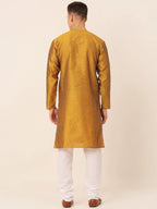 Jompers Men's Silk Blend Collar Embroidered Kurta Pyjama Set - Mustard | Grocsy