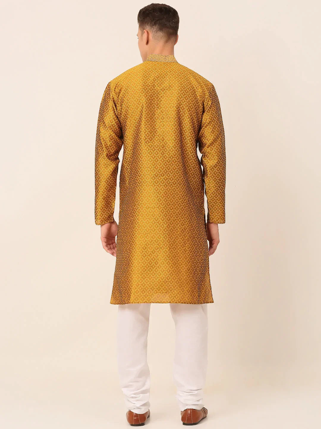 Jompers Men's Silk Blend Collar Embroidered Kurta Pyjama Set - Mustard | Grocsy