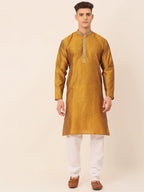 Jompers Men's Silk Blend Collar Embroidered Kurta Pyjama Set - Mustard | Grocsy