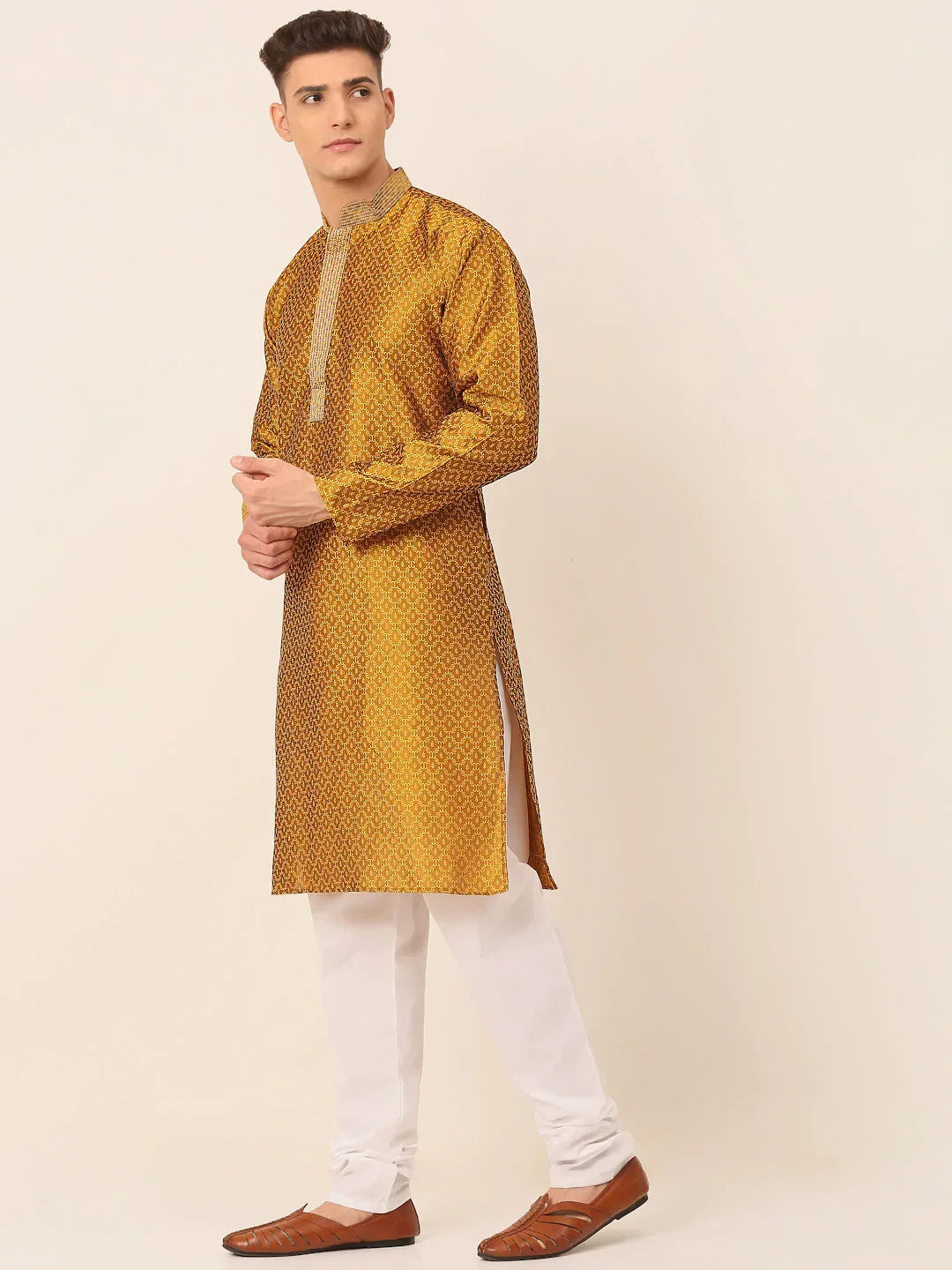Jompers Men's Silk Blend Collar Embroidered Kurta Pyjama Set - Mustard | Grocsy