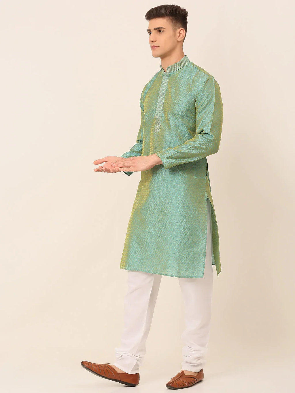Jompers Men's Silk Blend Collar Embroidered Kurta Pyjama Set - Sea-Green | Grocsy