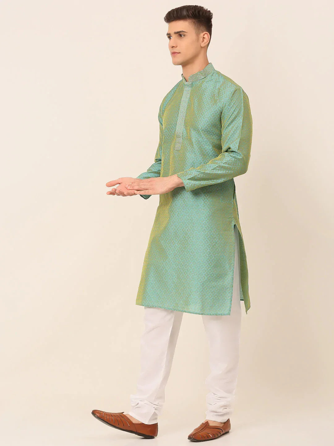 Jompers Men's Silk Blend Collar Embroidered Kurta Pyjama Set - Sea-Green | Grocsy