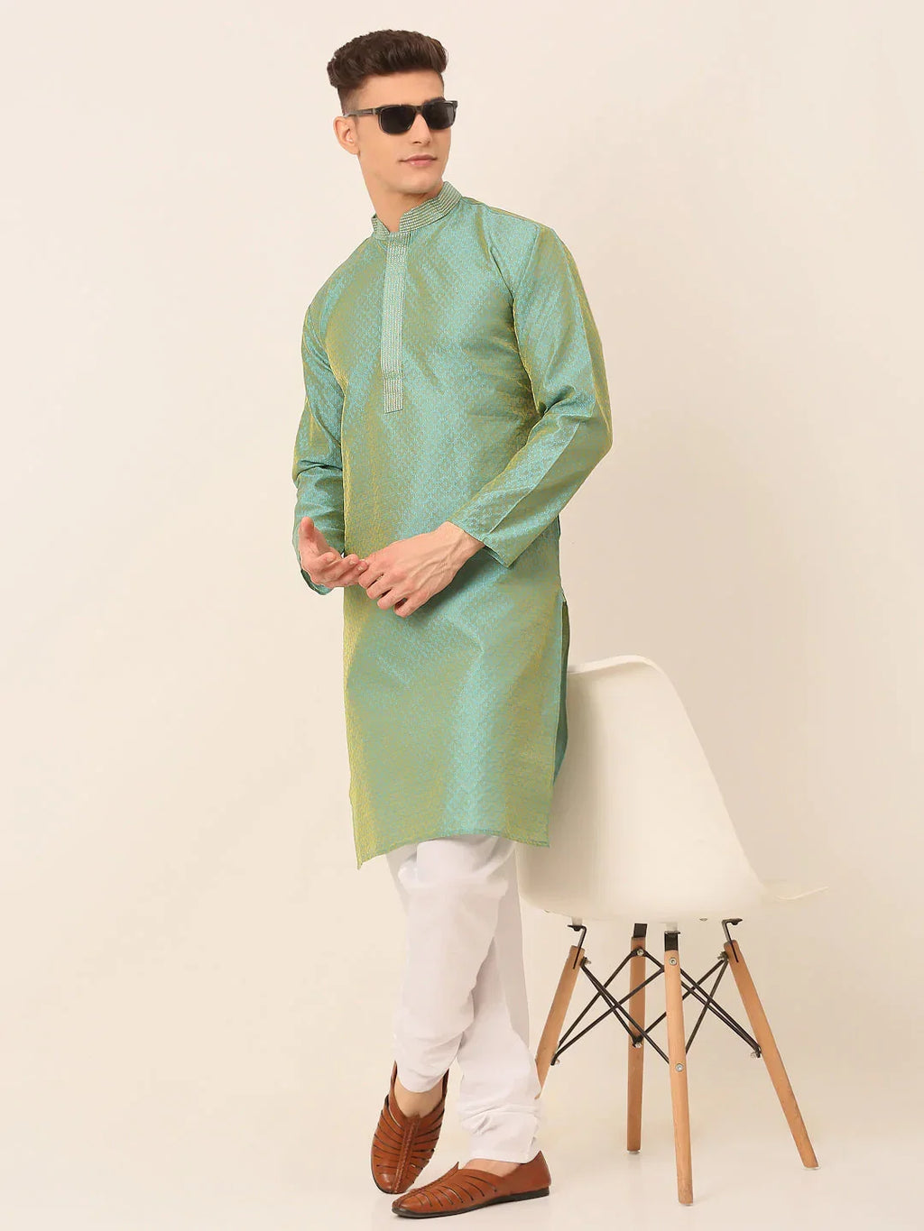 Jompers Men's Silk Blend Collar Embroidered Kurta Pyjama Set - Sea-Green | Grocsy