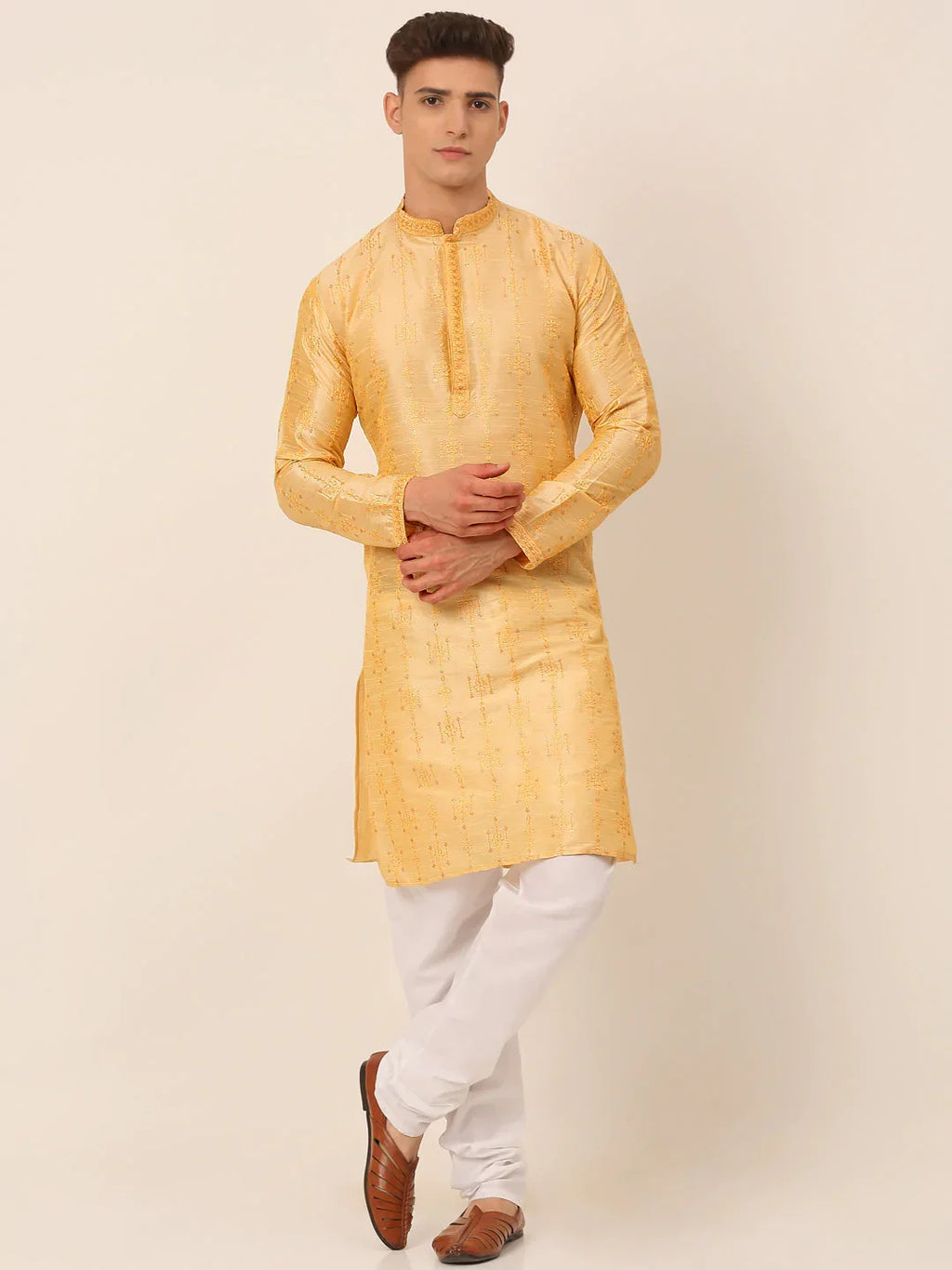 Jompers Men's Silk Blend Collar Embroidered Kurta Pyjama Set - Golden | Grocsy