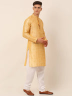 Jompers Men's Silk Blend Collar Embroidered Kurta Pyjama Set - Golden | Grocsy