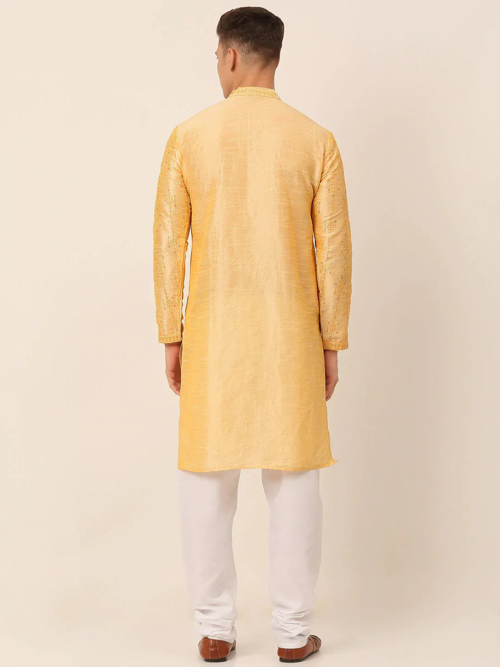 Jompers Men's Silk Blend Collar Embroidered Kurta Pyjama Set - Golden | Grocsy