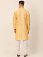 Jompers Men's Silk Blend Collar Embroidered Kurta Pyjama Set - Golden | Grocsy