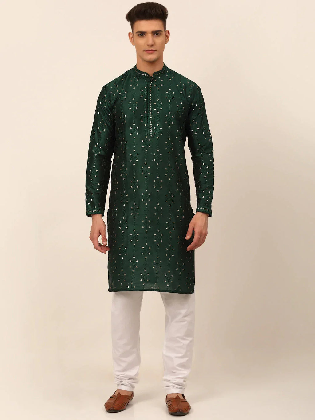 Jompers Men's Silk Blend Collar Embroidered Kurta Pyjama Set - Green | Grocsy