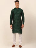 Jompers Men's Silk Blend Collar Embroidered Kurta Pyjama Set - Green | Grocsy