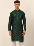 Jompers Men's Silk Blend Collar Embroidered Kurta Only - Green | Grocsy