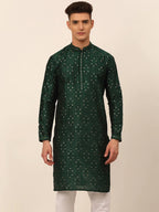 Jompers Men's Silk Blend Collar Embroidered Kurta Only - Green | Grocsy