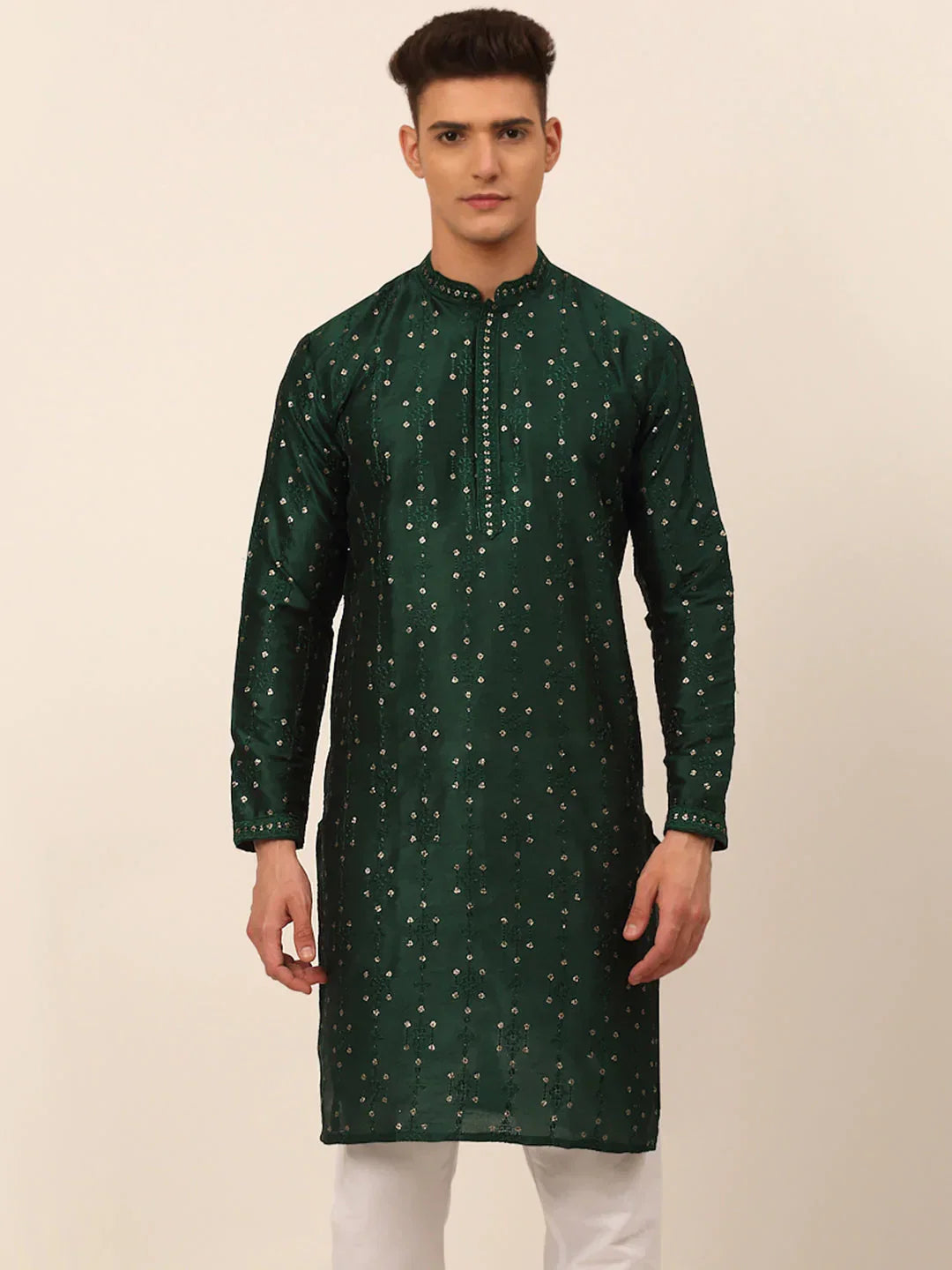 Jompers Men's Silk Blend Collar Embroidered Kurta Only - Green | Grocsy