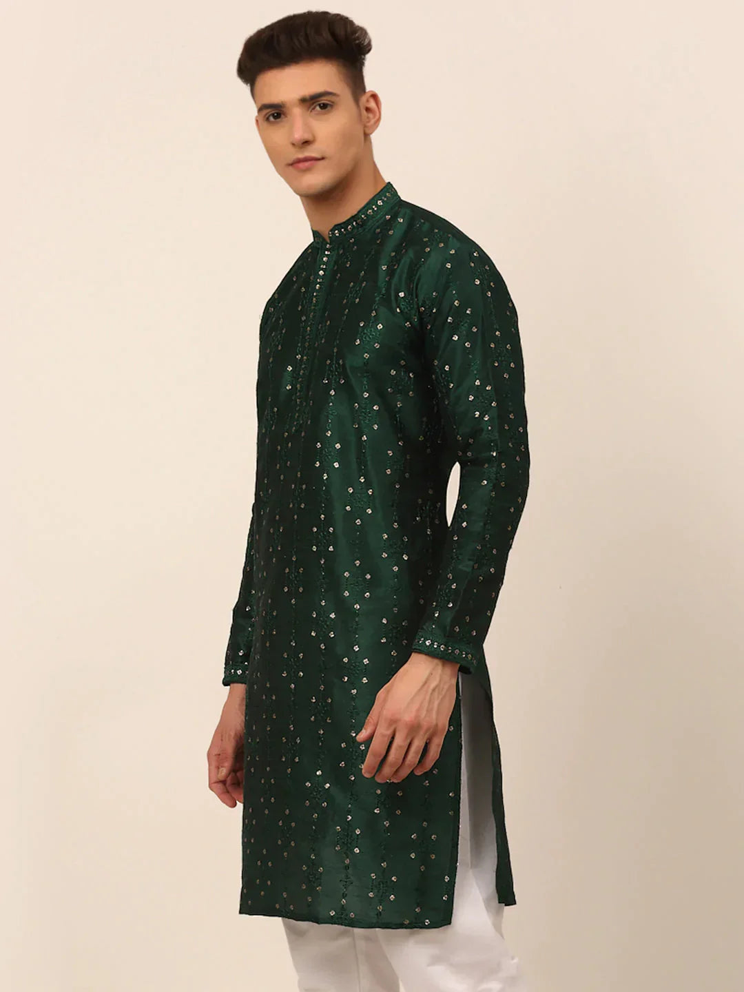 Jompers Men's Silk Blend Collar Embroidered Kurta Only - Green | Grocsy