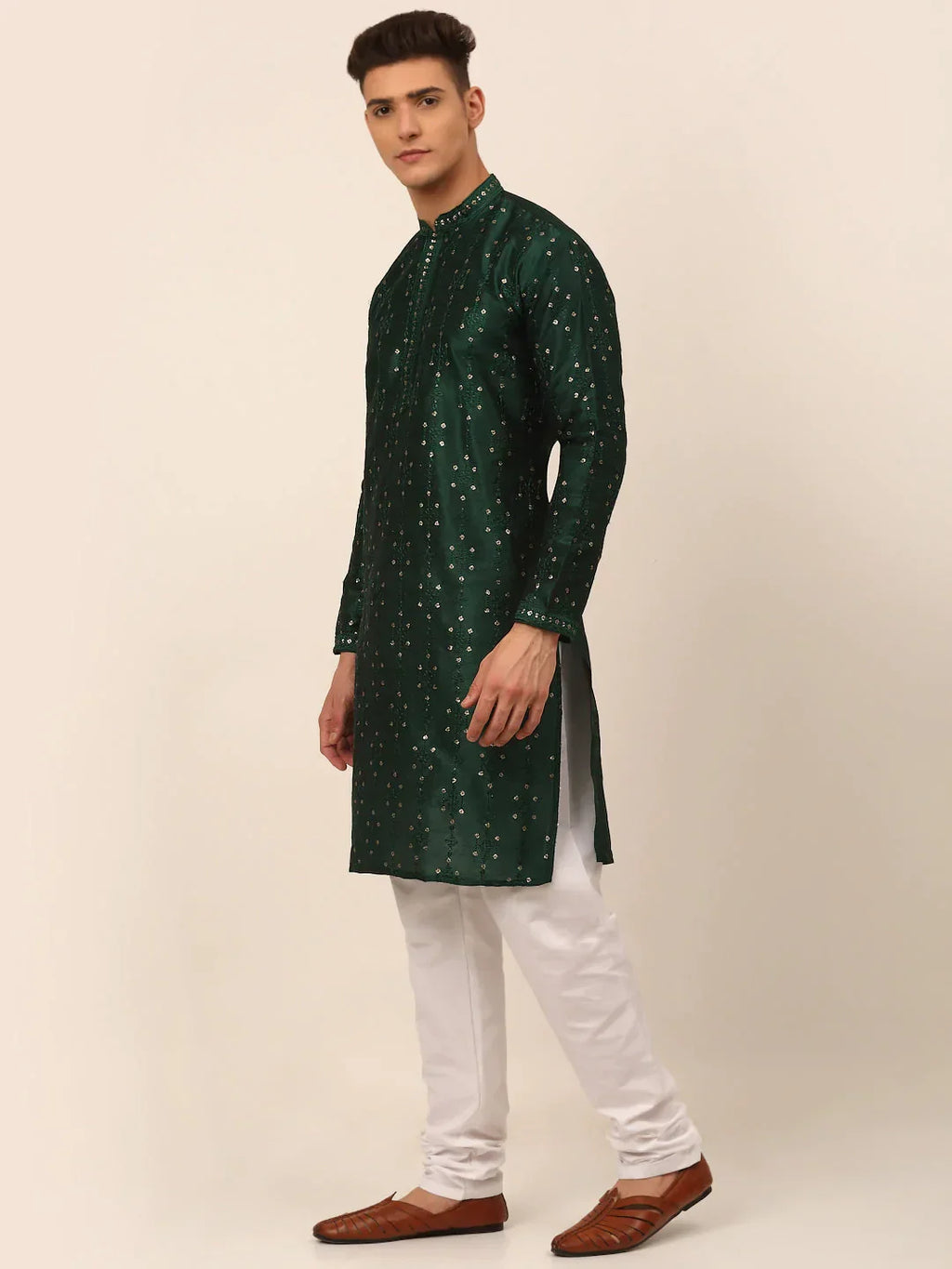 Jompers Men's Silk Blend Collar Embroidered Kurta Pyjama Set - Green | Grocsy