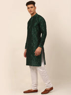 Jompers Men's Silk Blend Collar Embroidered Kurta Pyjama Set - Green | Grocsy