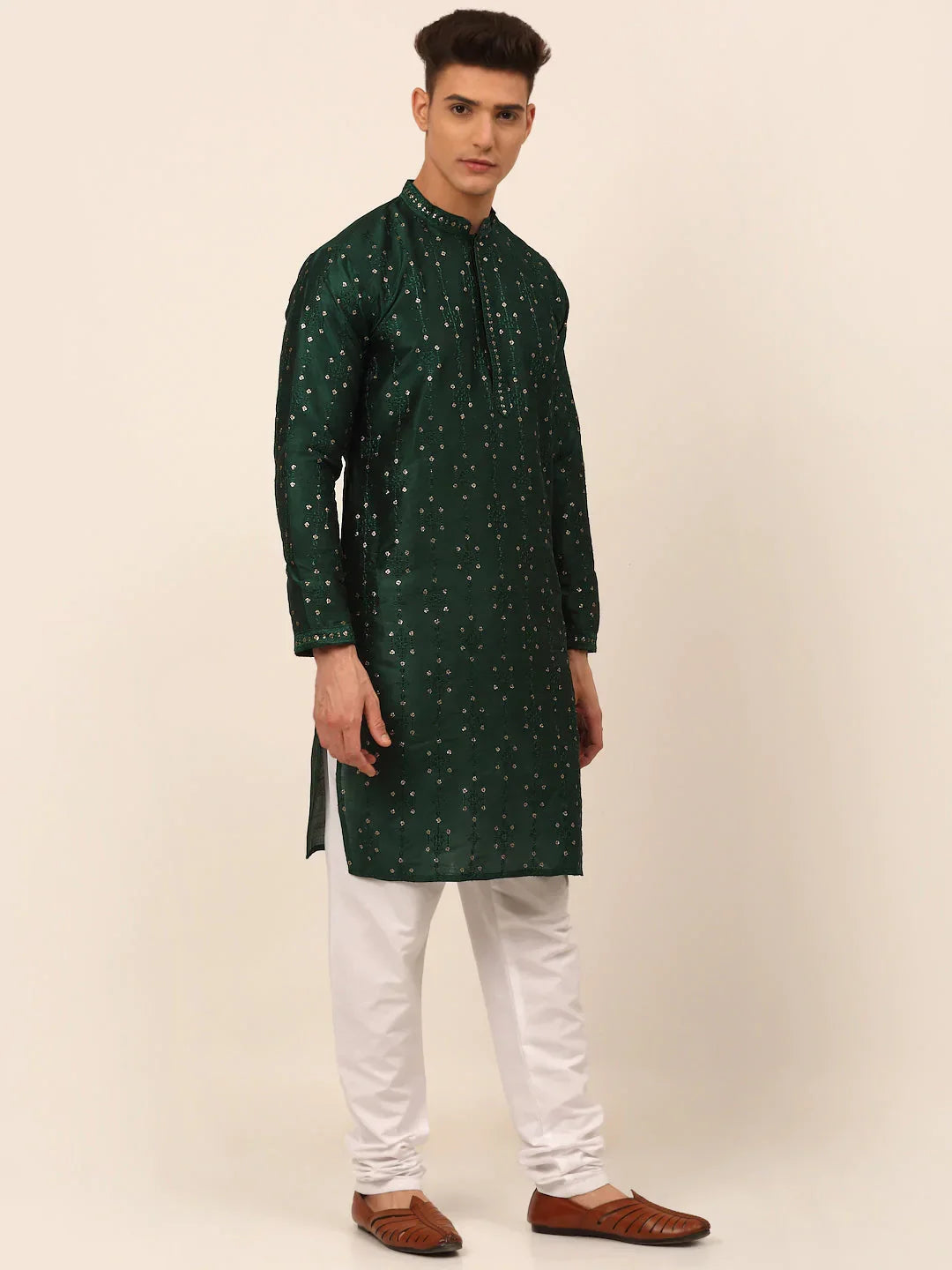 Jompers Men's Silk Blend Collar Embroidered Kurta Pyjama Set - Green | Grocsy