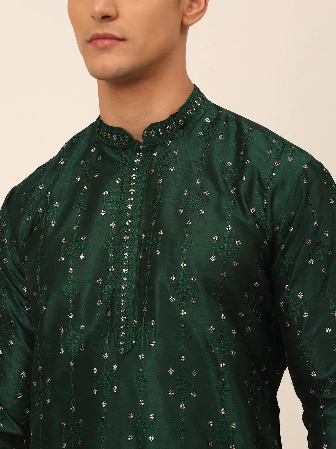 Jompers Men's Silk Blend Collar Embroidered Kurta Pyjama Set - Green | Grocsy