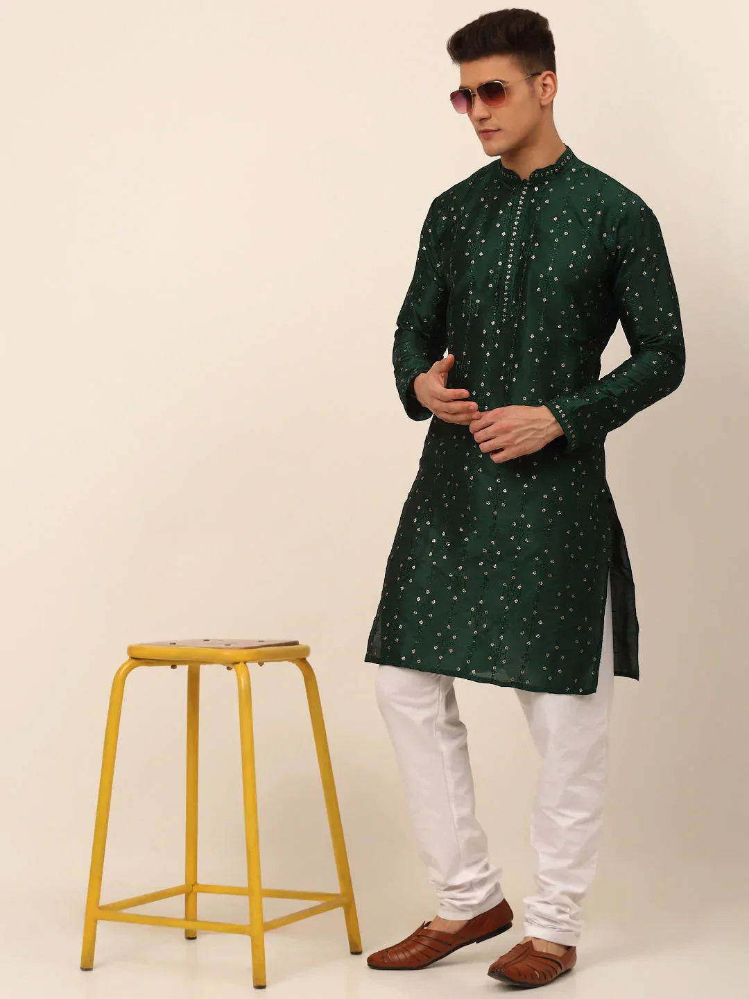 Jompers Men's Silk Blend Collar Embroidered Kurta Pyjama Set - Green | Grocsy
