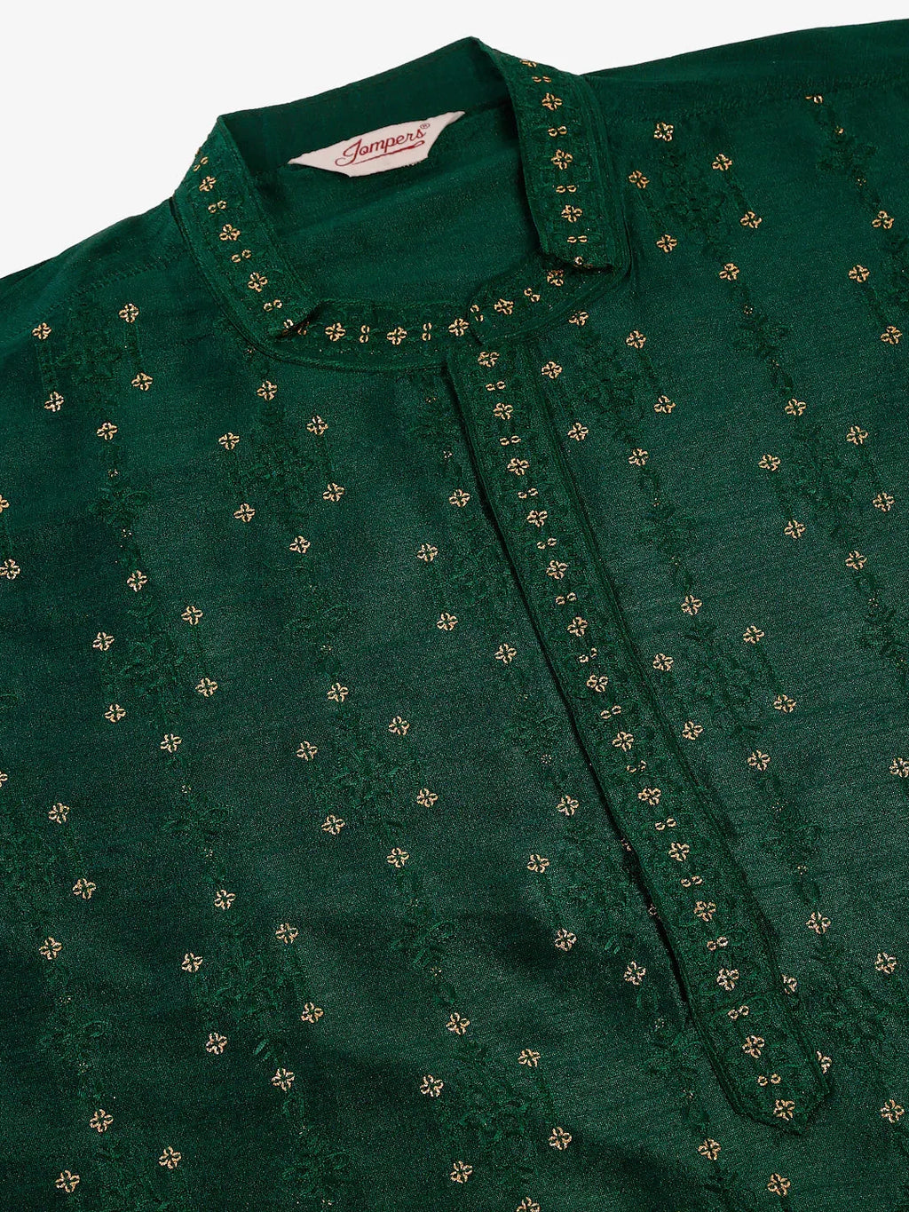 Jompers Men's Silk Blend Collar Embroidered Kurta Pyjama Set - Green | Grocsy