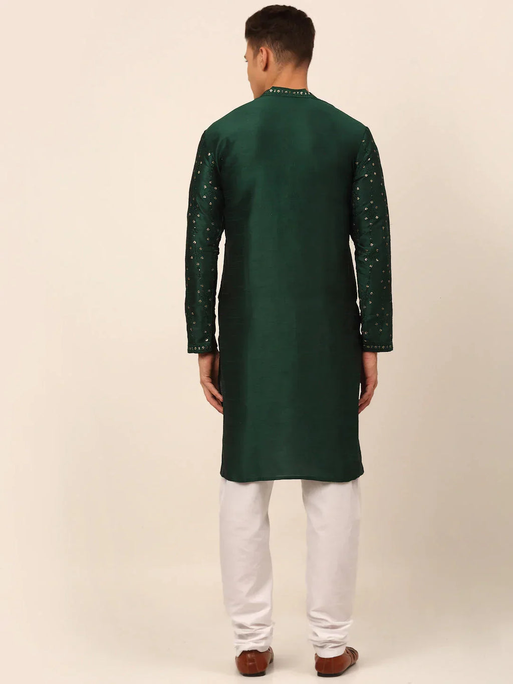 Jompers Men's Silk Blend Collar Embroidered Kurta Pyjama Set - Green | Grocsy