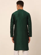 Jompers Men's Silk Blend Collar Embroidered Kurta Only - Green | Grocsy