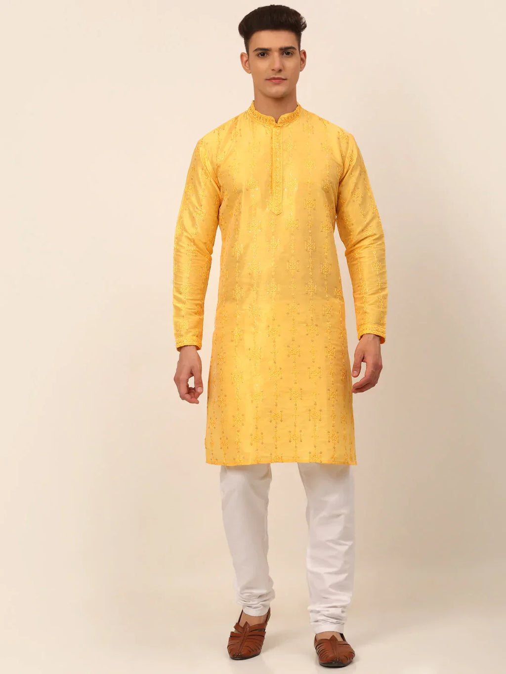 Jompers Men's Silk Blend Collar Embroidered Kurta Pyjama Set - Yellow | Grocsy