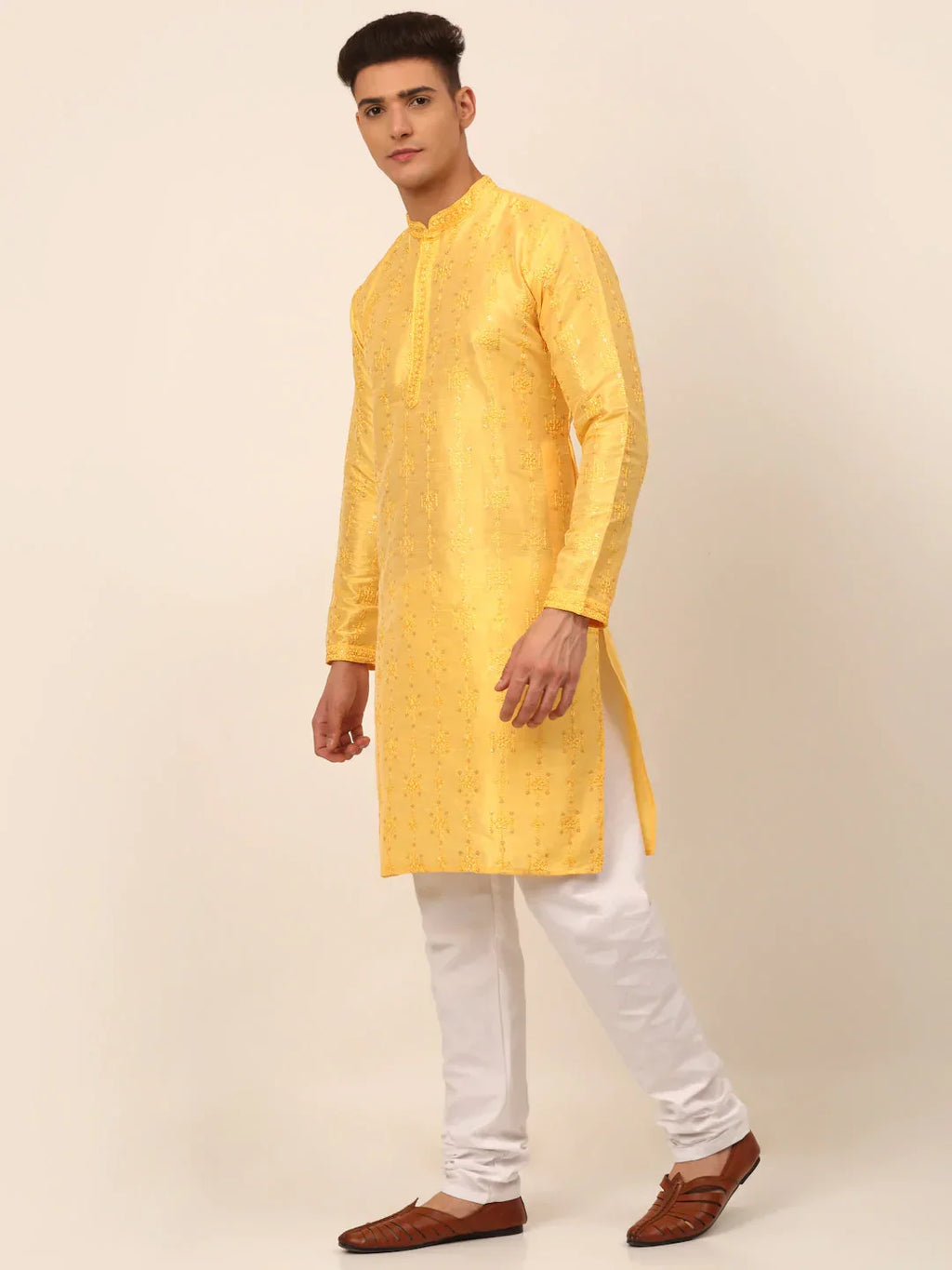 Jompers Men's Silk Blend Collar Embroidered Kurta Pyjama Set - Yellow | Grocsy