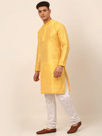 Jompers Men's Silk Blend Collar Embroidered Kurta Pyjama Set - Yellow | Grocsy