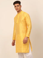 Jompers Men's Silk Blend Collar Embroidered Kurta Only - Yellow | Grocsy