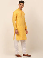 Jompers Men's Silk Blend Collar Embroidered Kurta Pyjama Set - Yellow | Grocsy