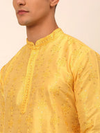 Jompers Men's Silk Blend Collar Embroidered Kurta Pyjama Set - Yellow | Grocsy